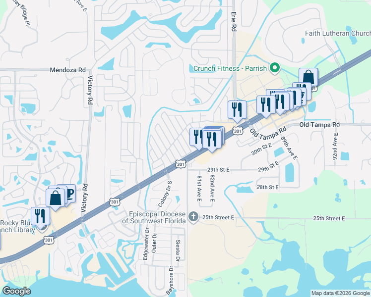 map of restaurants, bars, coffee shops, grocery stores, and more near 3116 Darnea Place in Ellenton