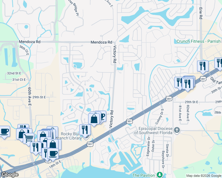 map of restaurants, bars, coffee shops, grocery stores, and more near 3102 Victory Road in Ellenton