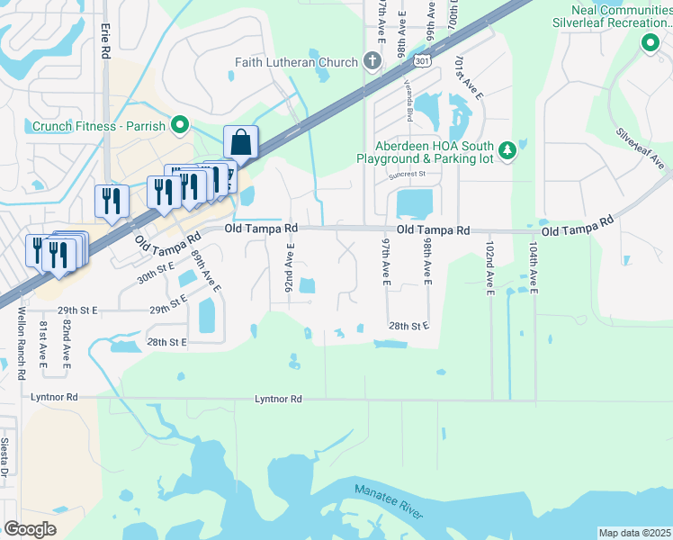 map of restaurants, bars, coffee shops, grocery stores, and more near 9401 32nd Court East in Parrish