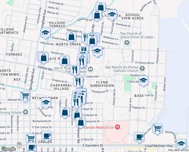 map of restaurants, bars, coffee shops, grocery stores, and more near 1200 Calton Road in Laredo