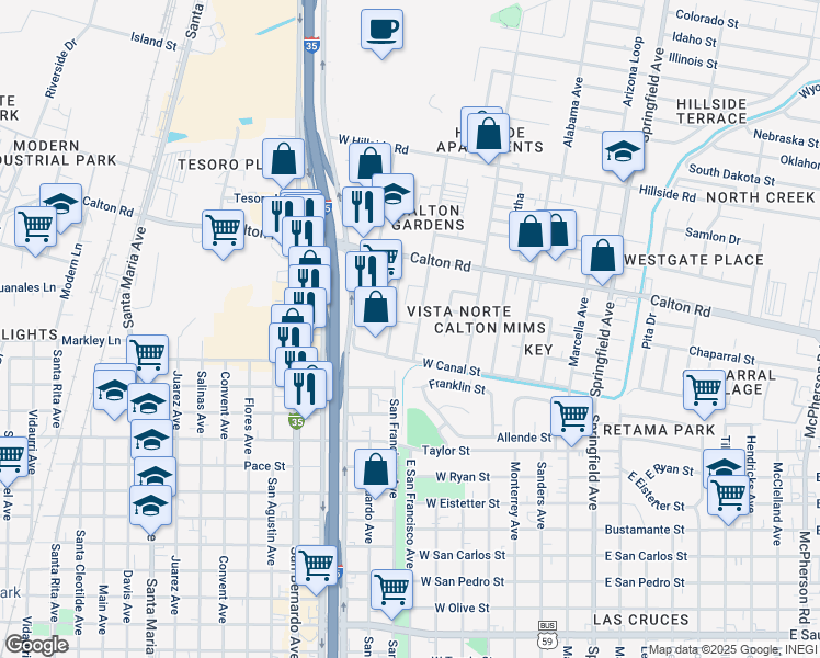 map of restaurants, bars, coffee shops, grocery stores, and more near 4615 San Francisco Avenue in Laredo