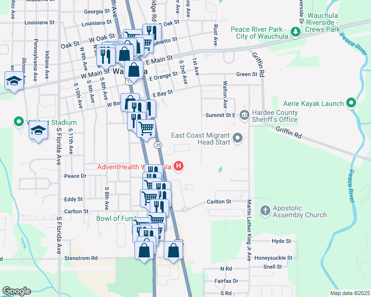 map of restaurants, bars, coffee shops, grocery stores, and more near 637 South 5th Avenue in Wauchula