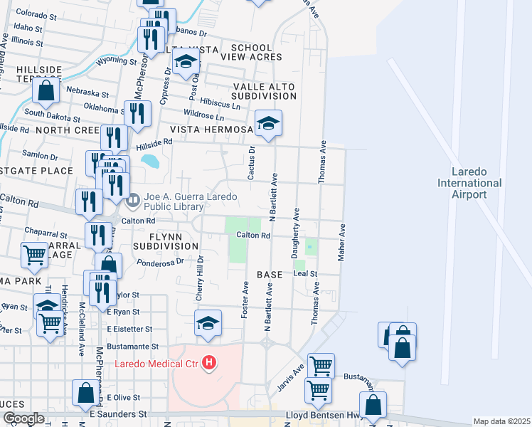 map of restaurants, bars, coffee shops, grocery stores, and more near 4915-4957 N Bartlett Ave in Laredo