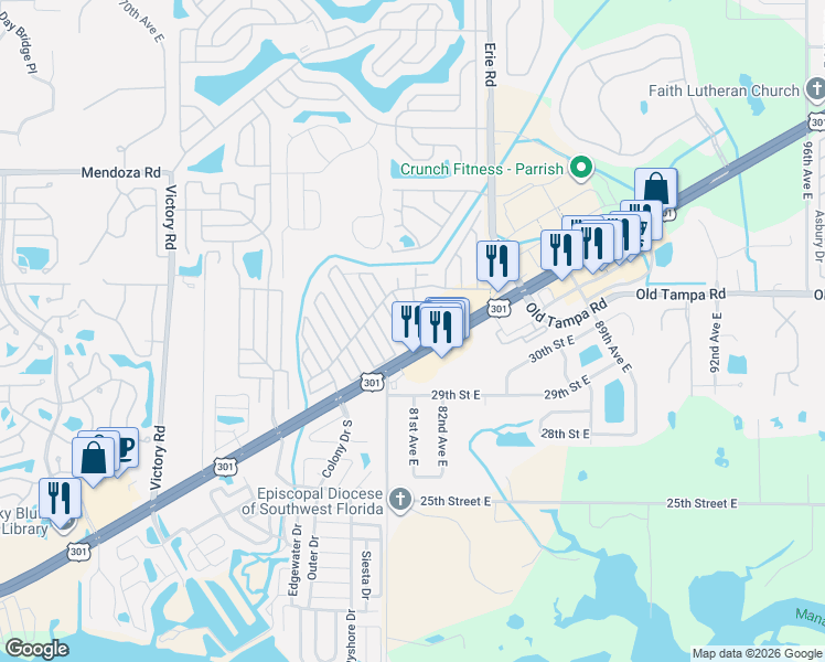 map of restaurants, bars, coffee shops, grocery stores, and more near 3109 Ida Drive in Ellenton