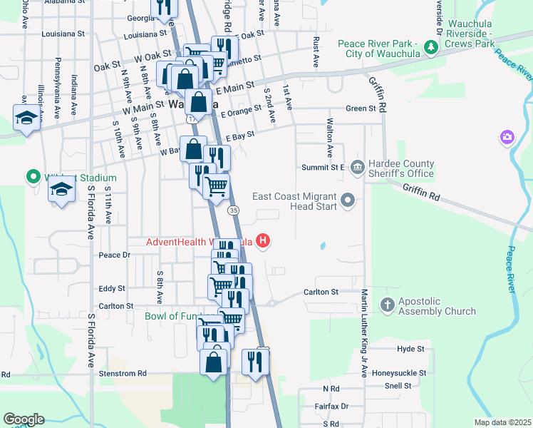 map of restaurants, bars, coffee shops, grocery stores, and more near 637 South 5th Avenue in Wauchula