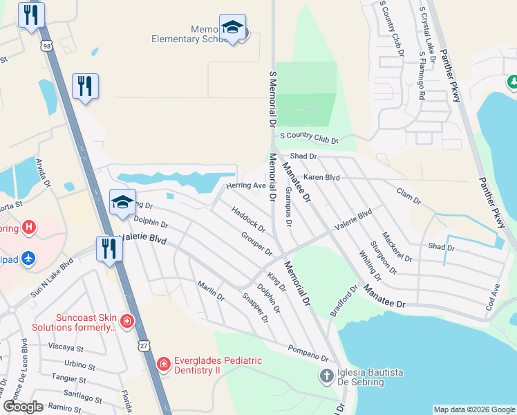 map of restaurants, bars, coffee shops, grocery stores, and more near 3004 Mullet Avenue in Sebring
