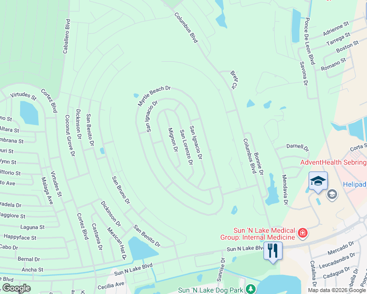 map of restaurants, bars, coffee shops, grocery stores, and more near 4562 Mignon Drive in Sebring