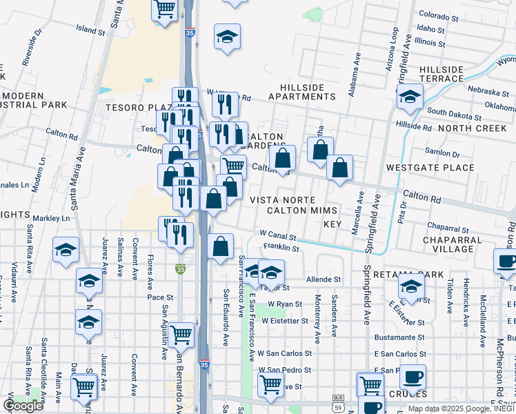 map of restaurants, bars, coffee shops, grocery stores, and more near 4615 San Francisco Avenue in Laredo