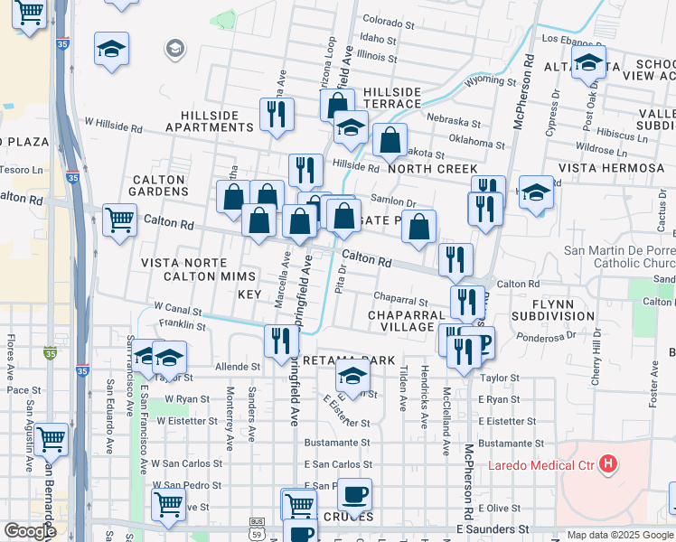 map of restaurants, bars, coffee shops, grocery stores, and more near 4710 Pita Drive in Laredo