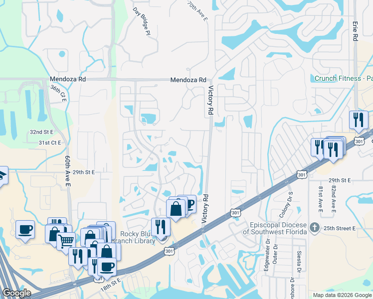 map of restaurants, bars, coffee shops, grocery stores, and more near 3011 Acorn Trail in Ellenton
