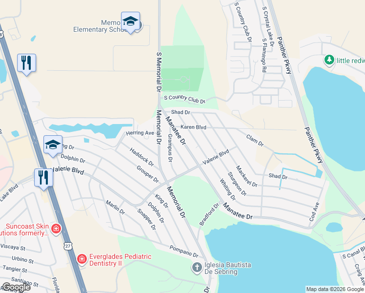 map of restaurants, bars, coffee shops, grocery stores, and more near 5021 Manatee Drive in Sebring
