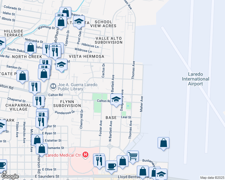 map of restaurants, bars, coffee shops, grocery stores, and more near 4915 North Bartlett Avenue in Laredo