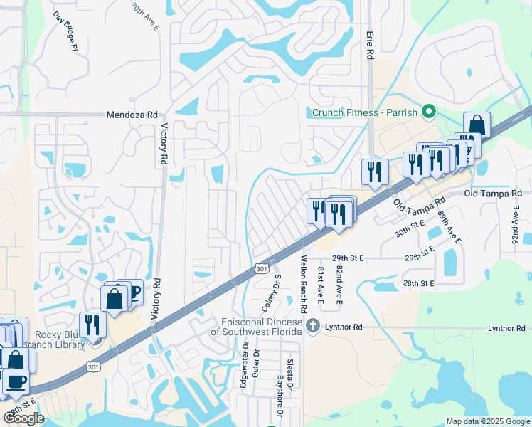 map of restaurants, bars, coffee shops, grocery stores, and more near 3314 Bonnie Drive in Ellenton