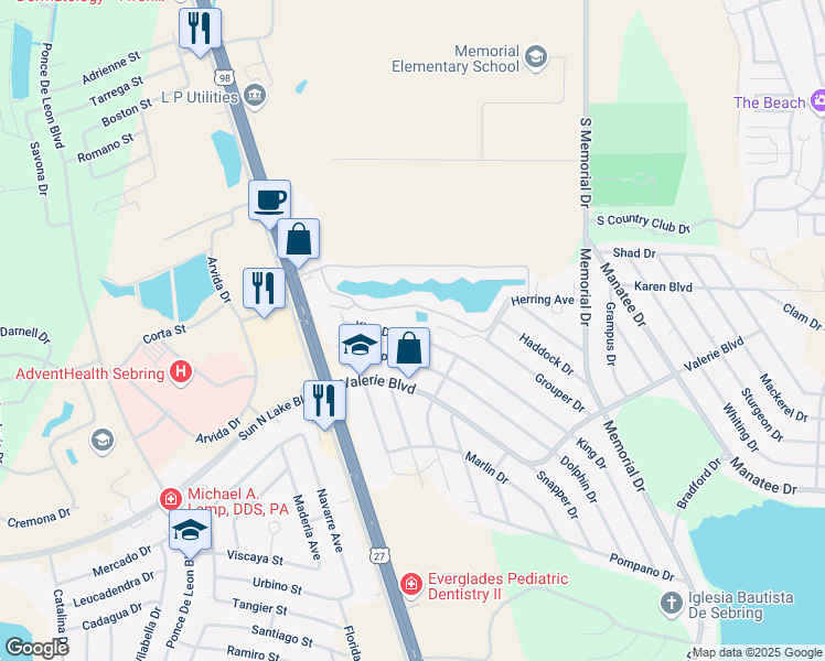 map of restaurants, bars, coffee shops, grocery stores, and more near 3514 King Drive in Sebring