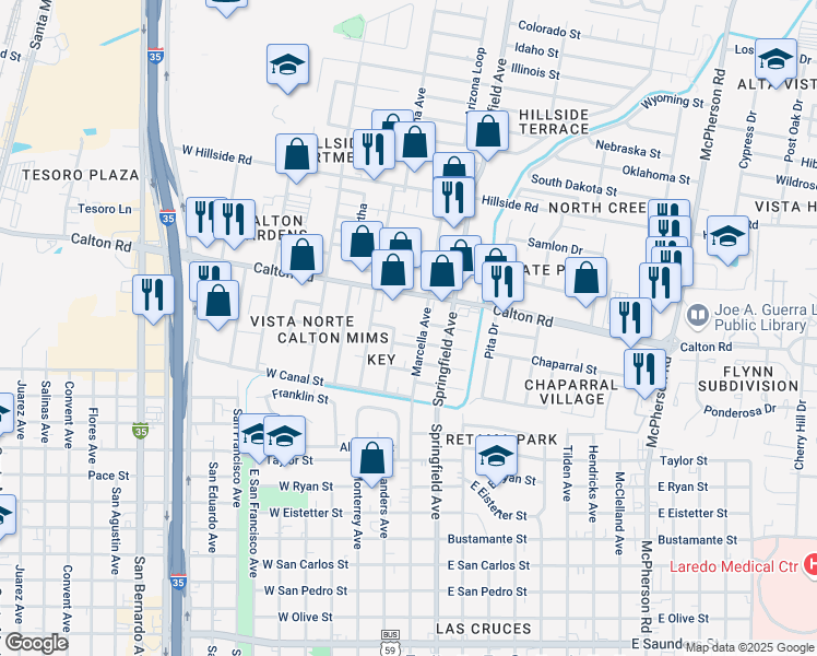 map of restaurants, bars, coffee shops, grocery stores, and more near 4902 Marcella Avenue in Laredo