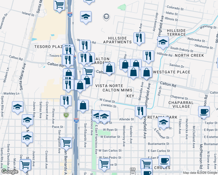 map of restaurants, bars, coffee shops, grocery stores, and more near 307 West Walnut Street in Laredo