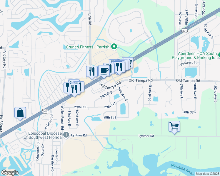 map of restaurants, bars, coffee shops, grocery stores, and more near 8709 Old Tampa Road in Parrish