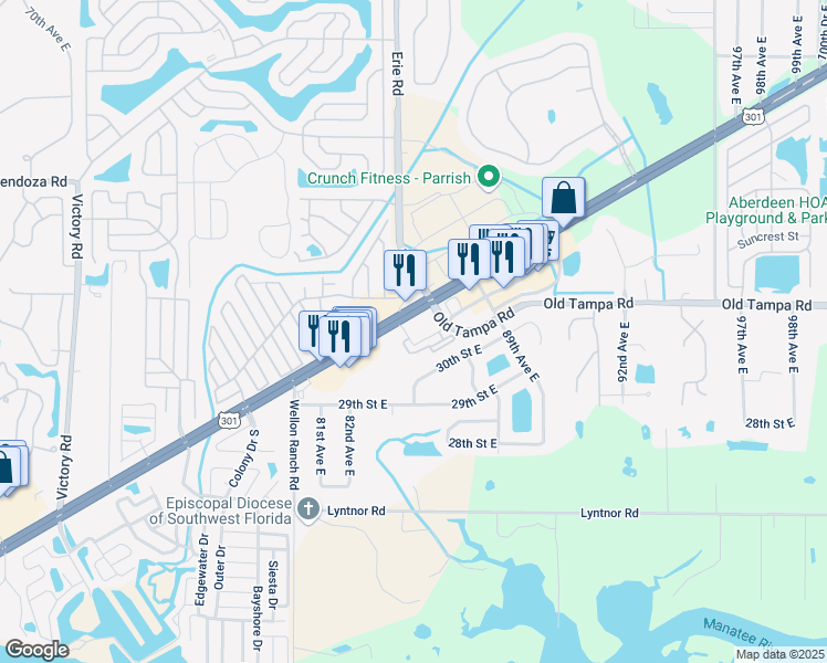 map of restaurants, bars, coffee shops, grocery stores, and more near 8709 Old Tampa Road in Parrish