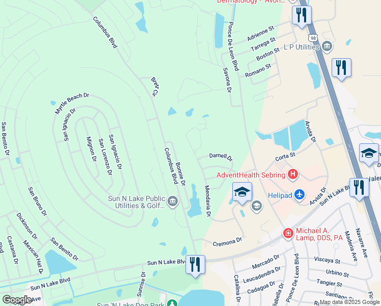 map of restaurants, bars, coffee shops, grocery stores, and more near 4833 Mendavia Drive in Sebring