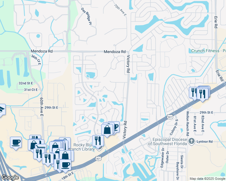 map of restaurants, bars, coffee shops, grocery stores, and more near 7017 King Palm Court in Ellenton
