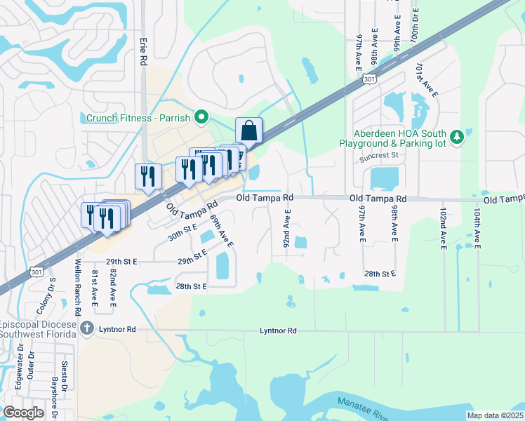 map of restaurants, bars, coffee shops, grocery stores, and more near 9033 32nd Court East in Parrish