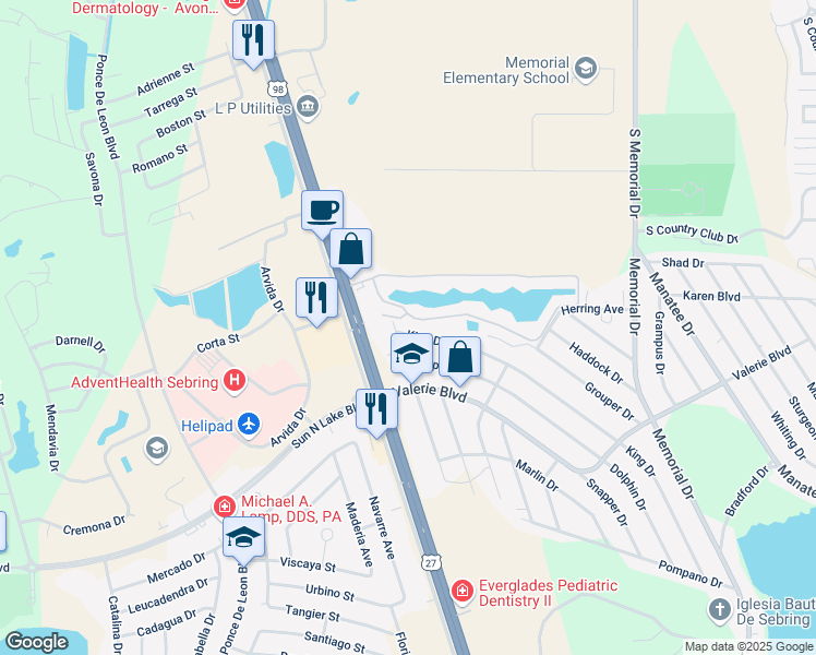 map of restaurants, bars, coffee shops, grocery stores, and more near 3716 King Drive in Sebring