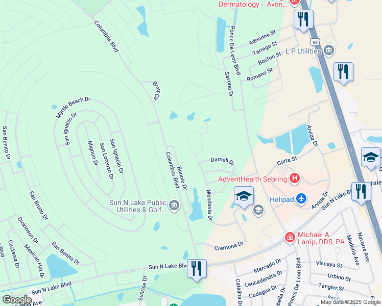 map of restaurants, bars, coffee shops, grocery stores, and more near 4833 Mendavia Drive in Sebring