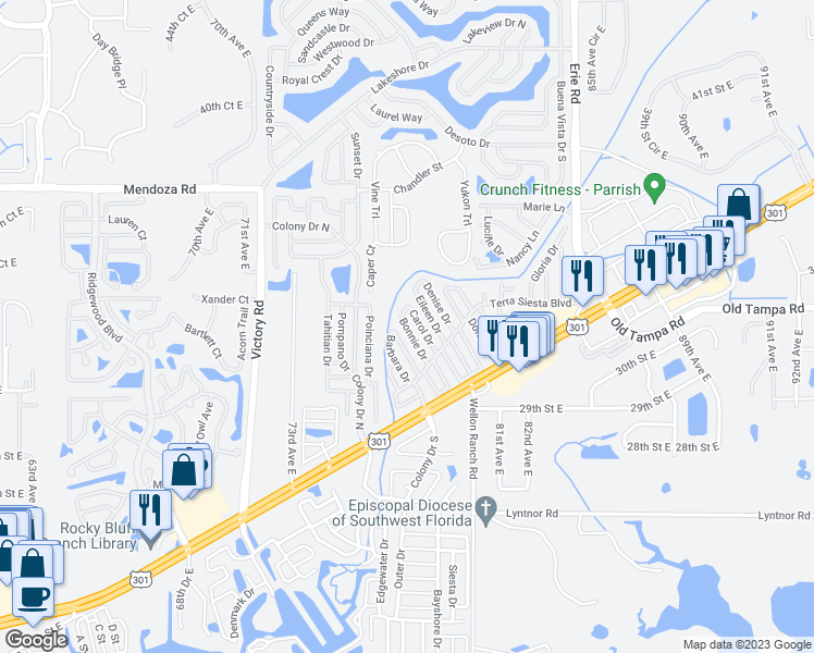 map of restaurants, bars, coffee shops, grocery stores, and more near 3314 Bonnie Drive in Ellenton