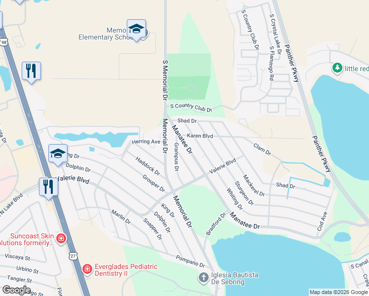 map of restaurants, bars, coffee shops, grocery stores, and more near 5021 Manatee Drive in Sebring