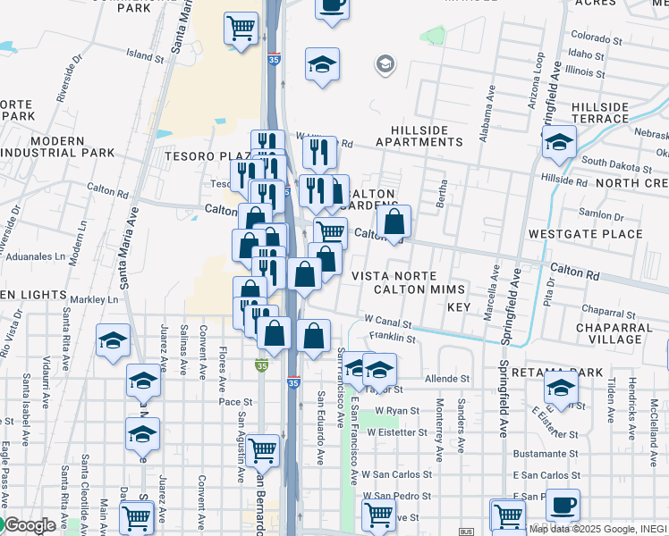 map of restaurants, bars, coffee shops, grocery stores, and more near 4801 San Dario Avenue in Laredo