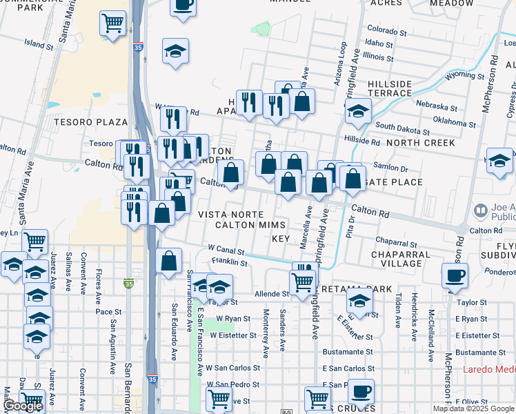 map of restaurants, bars, coffee shops, grocery stores, and more near 4702 Mims Avenue in Laredo