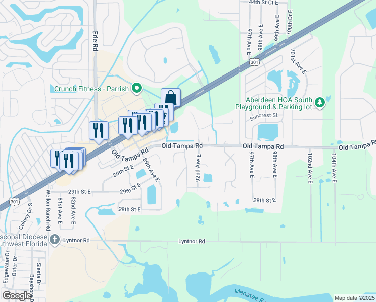 map of restaurants, bars, coffee shops, grocery stores, and more near 3204 91st Avenue East in Parrish