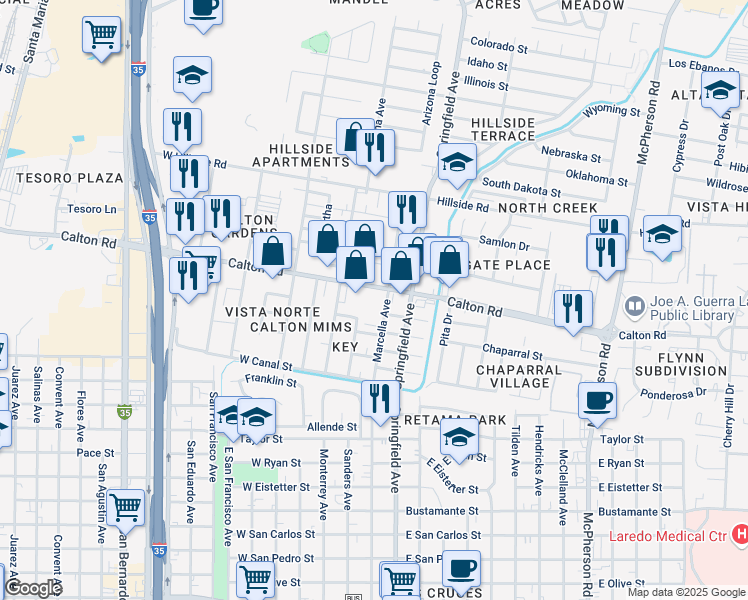map of restaurants, bars, coffee shops, grocery stores, and more near 4902 Marcella Avenue in Laredo