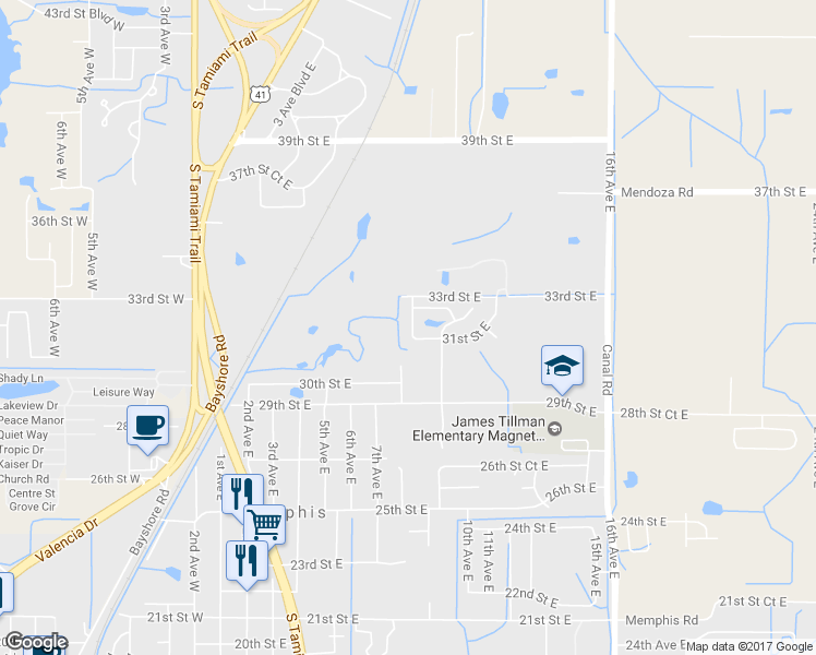 map of restaurants, bars, coffee shops, grocery stores, and more near 3107 8th Avenue East in Palmetto