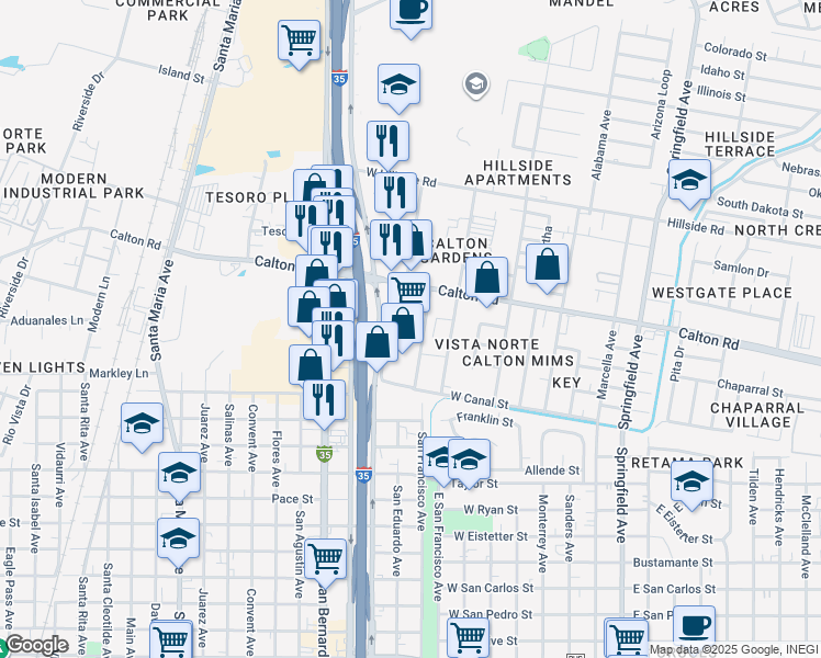 map of restaurants, bars, coffee shops, grocery stores, and more near 4801 San Dario Avenue in Laredo