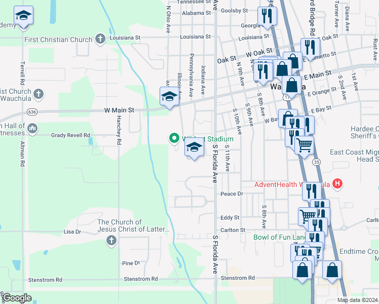map of restaurants, bars, coffee shops, grocery stores, and more near 400 South Florida Avenue in Wauchula