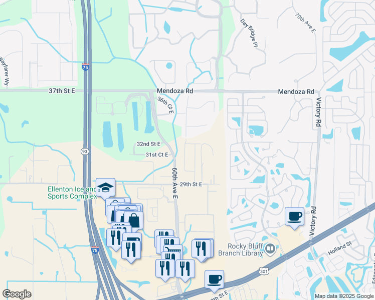 map of restaurants, bars, coffee shops, grocery stores, and more near 3303 61st Terrace East in Ellenton