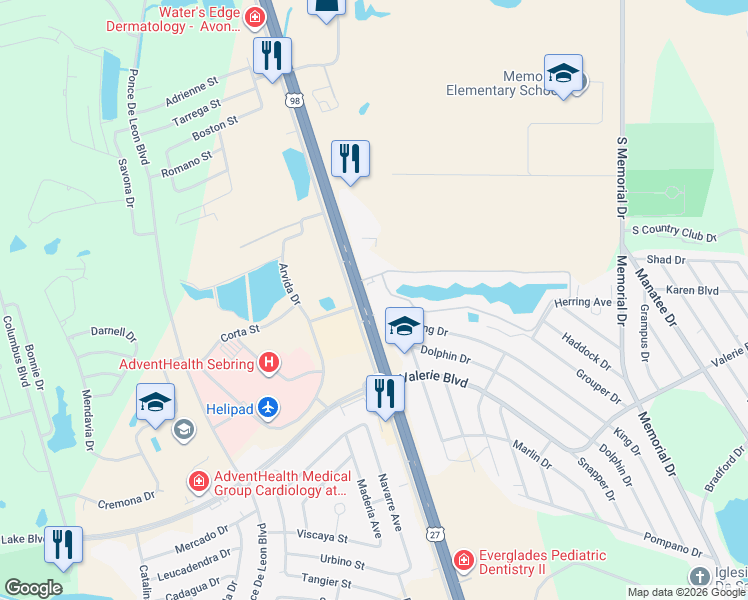 map of restaurants, bars, coffee shops, grocery stores, and more near 6650 US Highway 27 North in Sebring