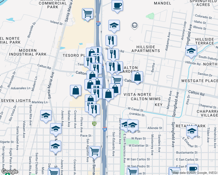 map of restaurants, bars, coffee shops, grocery stores, and more near 4788 San Dario Avenue in Laredo