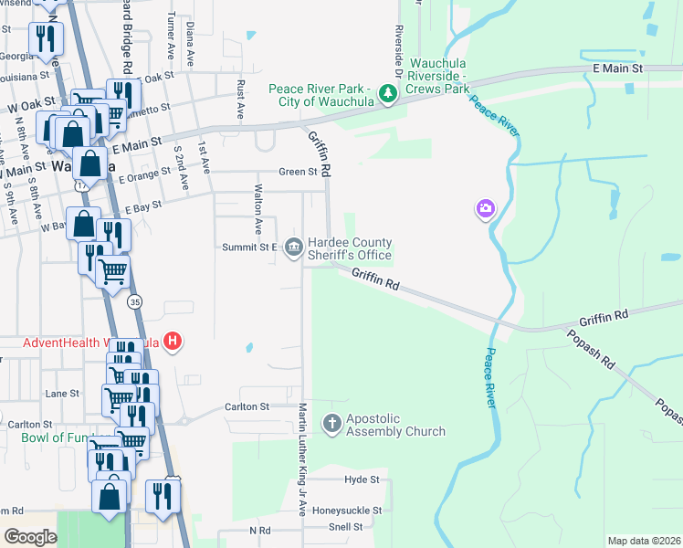 map of restaurants, bars, coffee shops, grocery stores, and more near 338 Griffin Road in Wauchula
