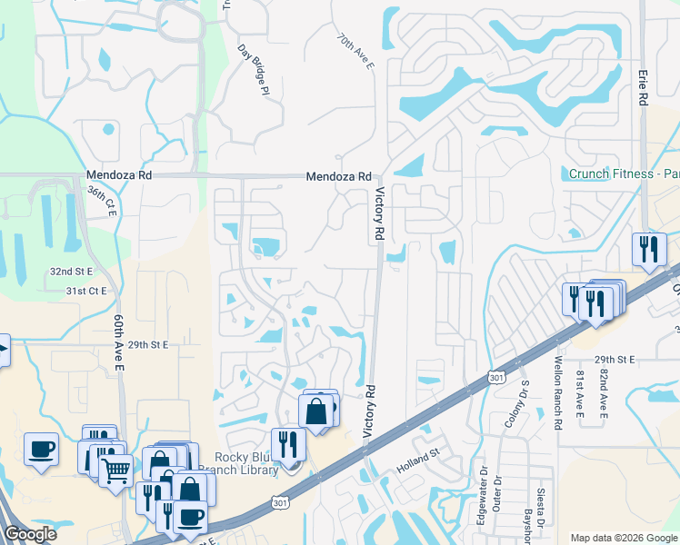 map of restaurants, bars, coffee shops, grocery stores, and more near 3403 71st Avenue East in Ellenton