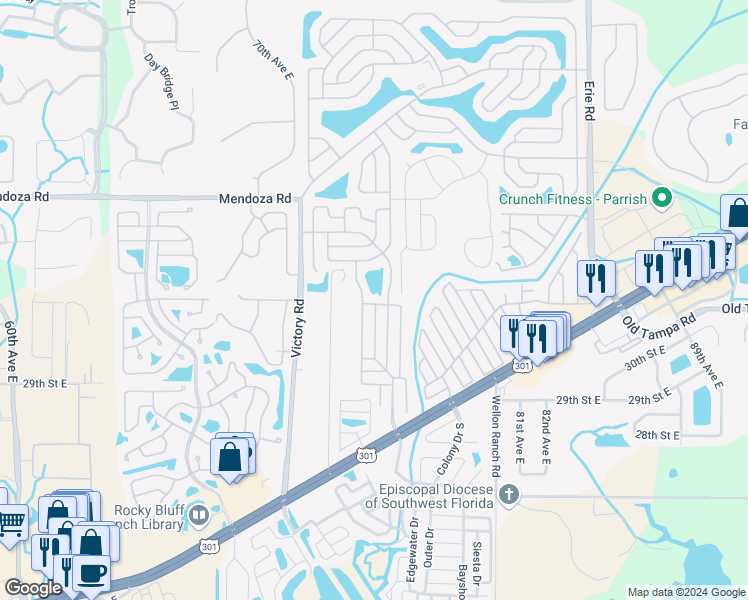 map of restaurants, bars, coffee shops, grocery stores, and more near 32 Granada Way in Ellenton
