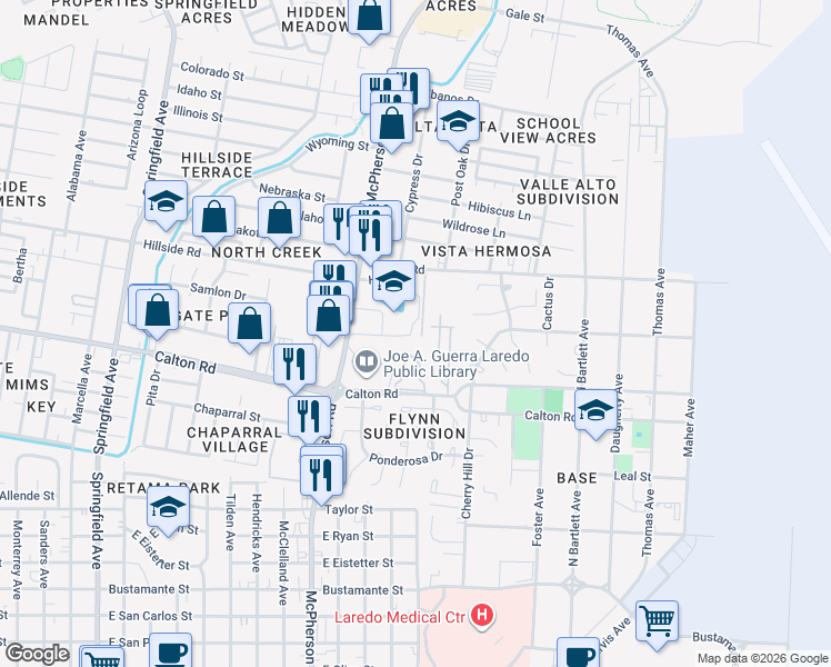 map of restaurants, bars, coffee shops, grocery stores, and more near 1315 East Hillside Road in Laredo