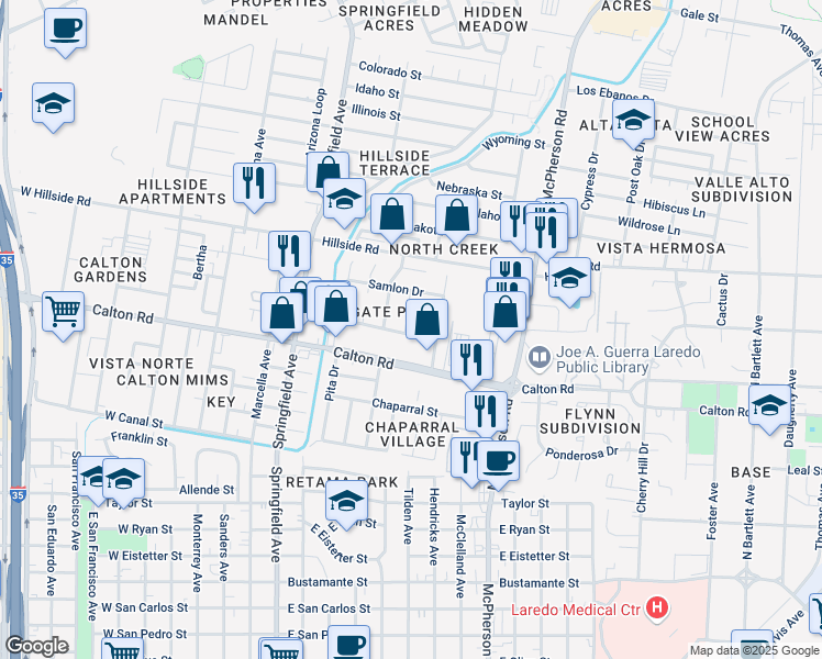 map of restaurants, bars, coffee shops, grocery stores, and more near 812 Westgate Circle in Laredo