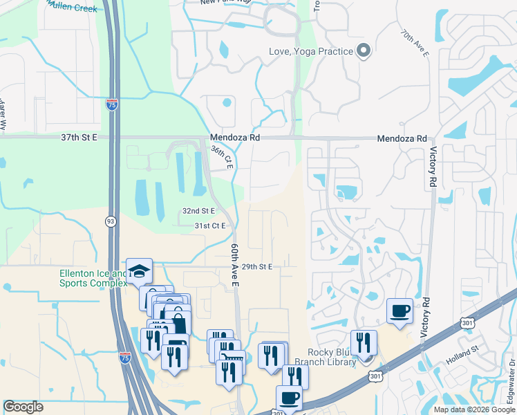 map of restaurants, bars, coffee shops, grocery stores, and more near 3304 61st Terrace East in Ellenton