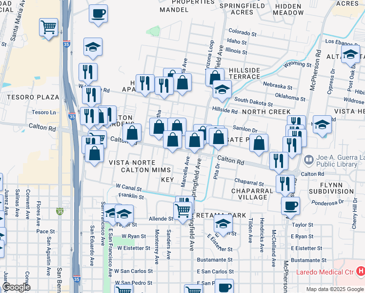 map of restaurants, bars, coffee shops, grocery stores, and more near 216 East Calton Road in Laredo