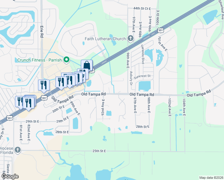 map of restaurants, bars, coffee shops, grocery stores, and more near 9412 Old Tampa Road in Parrish