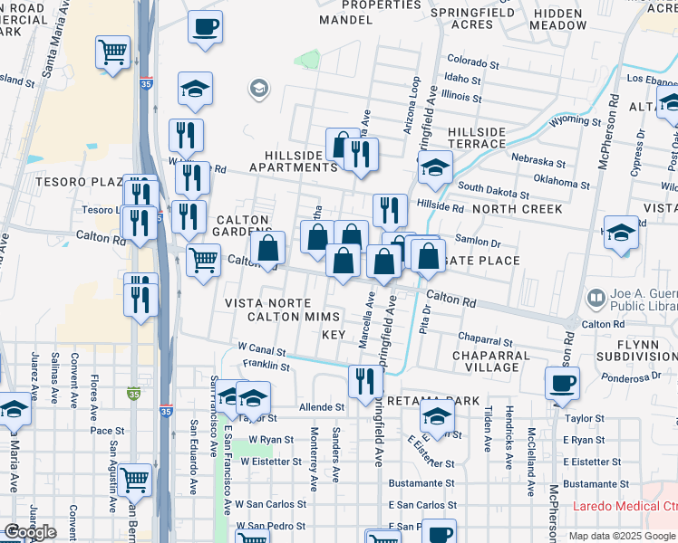 map of restaurants, bars, coffee shops, grocery stores, and more near 102 Calton Road in Laredo