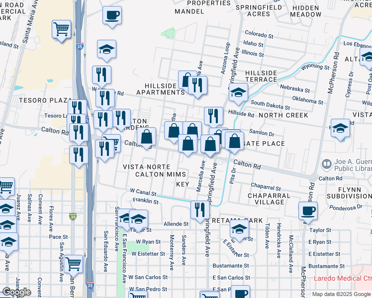 map of restaurants, bars, coffee shops, grocery stores, and more near 102 East Calton Road in Laredo