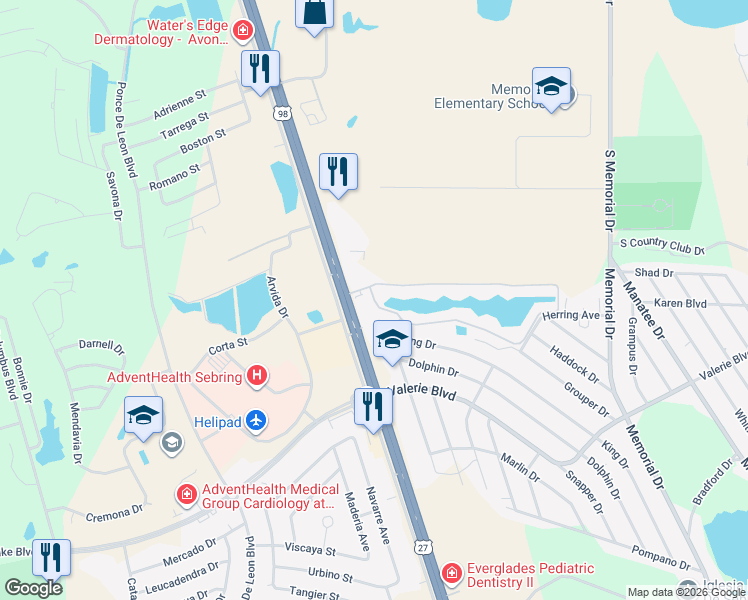map of restaurants, bars, coffee shops, grocery stores, and more near 6650 US Highway 27 North in Sebring